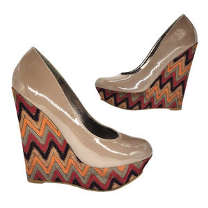 Steve Madden Chunky Platform Nude Festival Crochet Chevron Wedge Heels Sz 6.5